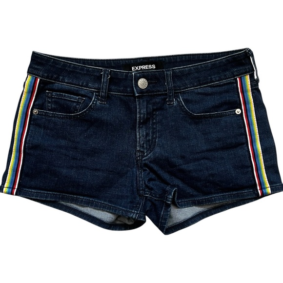 Express Dark Blue Jean Shorts Low Rise Rainbow Stripes EUC 2 - Picture 1 of 5